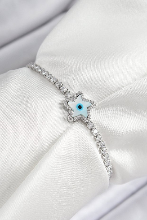 Brass Zircon Stone Evil Eye Star Model Silver Color Elevator Women's Bracelet