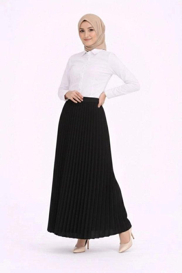 Marchè Bien Tesettür White Shirt Pleated Skirt Double Set Casual and Office Chic - Black