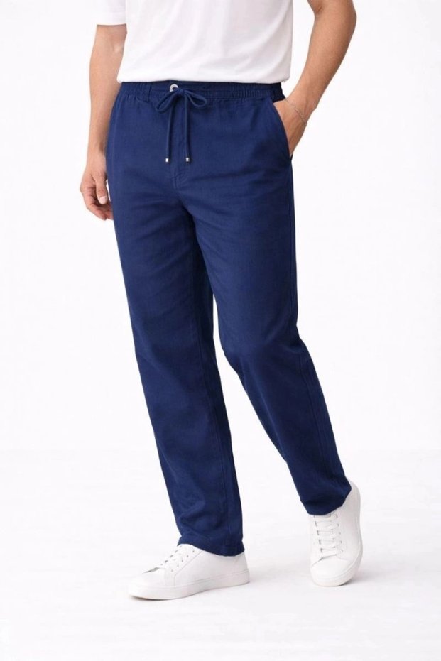 Men's Linen Pocket Trousers with Elastic Laces and Front Zipper - Indigo