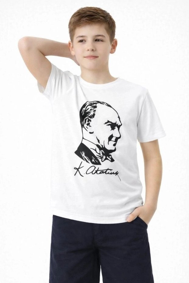 Marchè Bien Boys' Ataturk Printed T-Shirt Short Sleeve Crew Neck T-Shirt - White