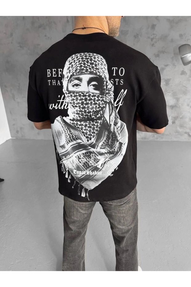 Men's Short Sleeve T-Shirt Crew Neck Palestine Flag Printed T-Shirt - Black