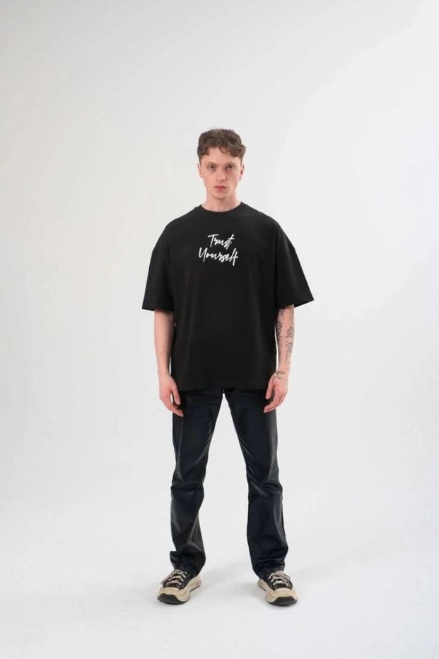 Men's Short Sleeve Summer T-Shirt Crew Neck Printed Oversize T-Shirt - Black