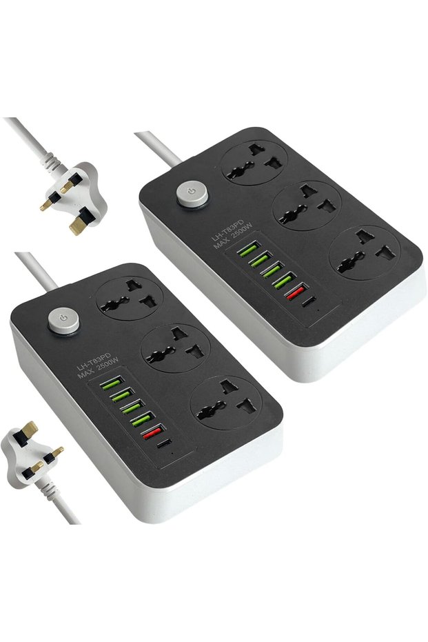 شريط طاقة مع سلك تمديد (قطعتان)، مقبس طاقة عالمي بـ 3 منافذ و5 منافذ USB ومنفذ Type-C واحد، بطول 2 متر