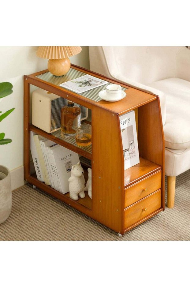 Side Table, 2-Tier Wooden, Mobile End Table with Storage Rack, Bedside Cabinet for Living Room and Bedroom