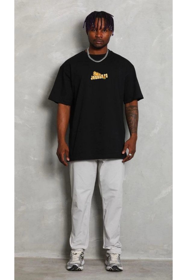 Men's Short Sleeve Summer T-Shirt Crew Neck Printed Oversize T-Shirt - Black