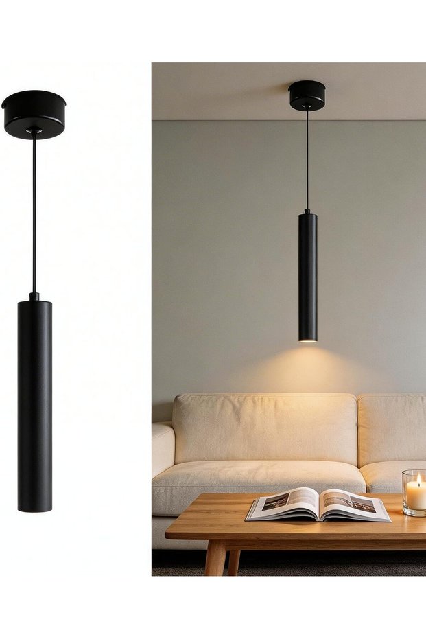 Pendant Light, LED, 30cm, Cylindrical Hanging Lamp, Modern Long Tube Chandelier, Warm, 3000k, for Kitchen Dining Room Bar Hotel Counter Dining, Black