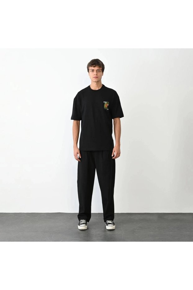 Marchè Bien Men's Short Sleeve Summer T-Shirt Crew Neck Printed Oversize T-Shirt - Black