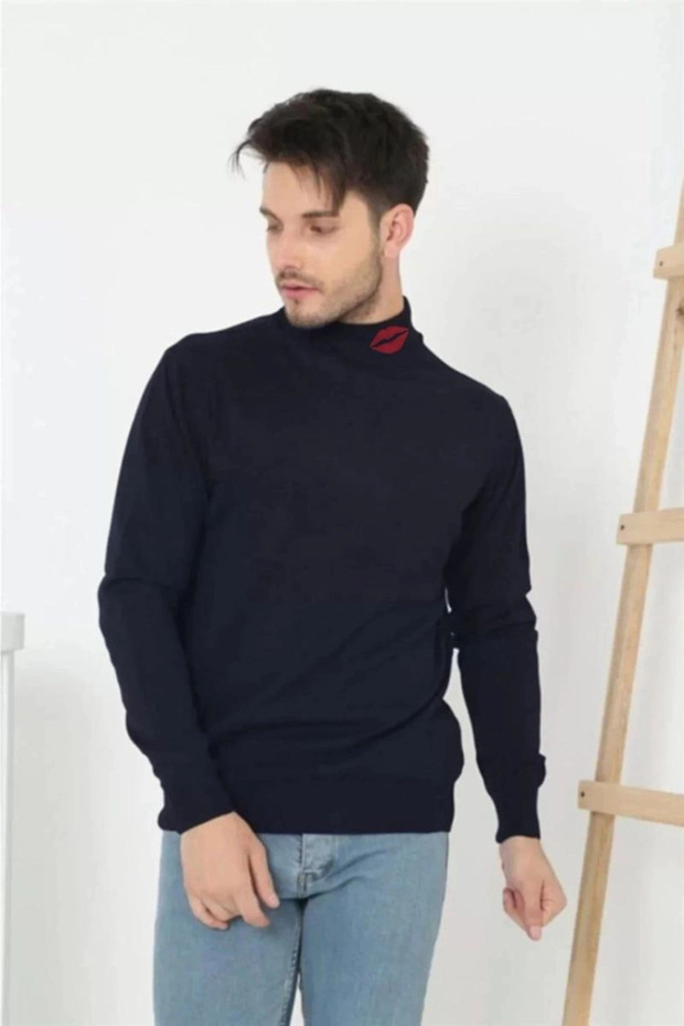 Marchè Bien Men's Half Open Pullover Kiss Printed Woven Knitwear - Navy Blue