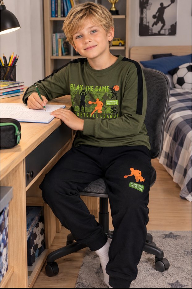 Boys Basketball Printed Long Sleeve Khaki Sweatshirt and Black Long Bottom Pajama Set