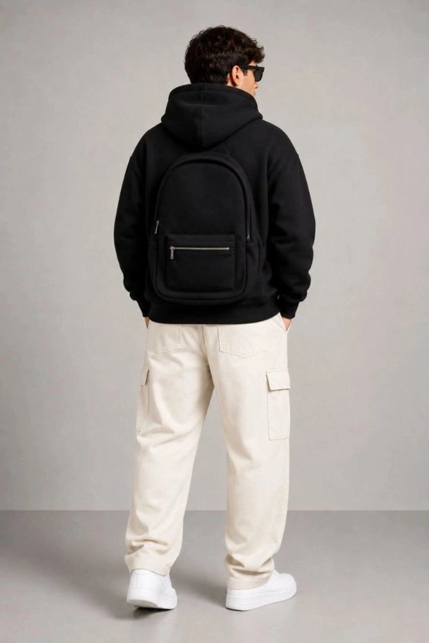 Marchè Bien Men's 3 Threaded Full Zipper Hooded Sweatshirt with Back Bag Detail - Black