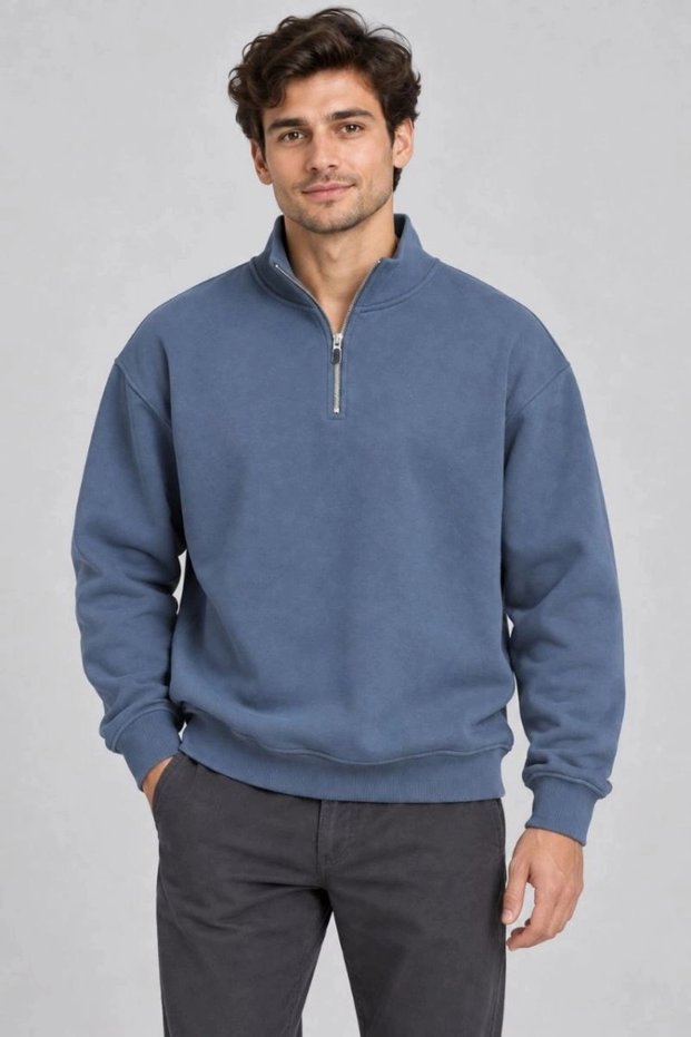 Men's three-thread fleece-lined stand collar half-zip winter sweatshirt - blue