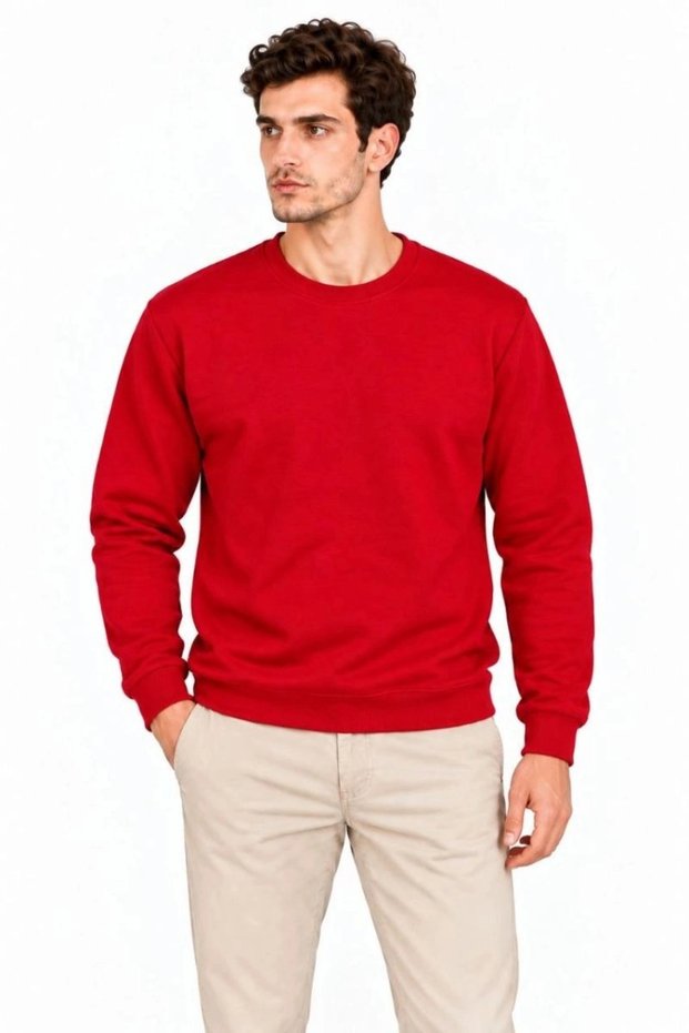 Marchè Bien Men's Crew Neck Inside Ribbed 2 Thread Plain Long Sleeve Regular Fit Sweatshirt - Red