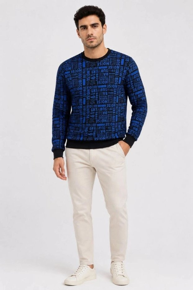 Marchè Bien Men's Black Blue Text Patterned Two-Thread Embroidered Sweatshirt