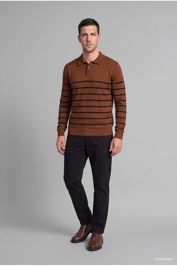 Standard Fit Striped Polo Collar Knit Sweater H7022Ax26Au