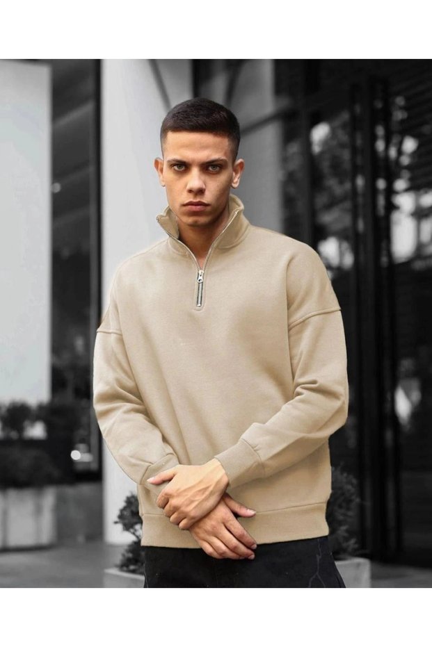 Marchè Bien Men's Half-Zip Three-Thread Sweatshirt - Beige
