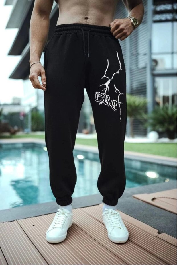 Marchè Bien Men's Lightning Printed Three-Thread Sweatpants - Black