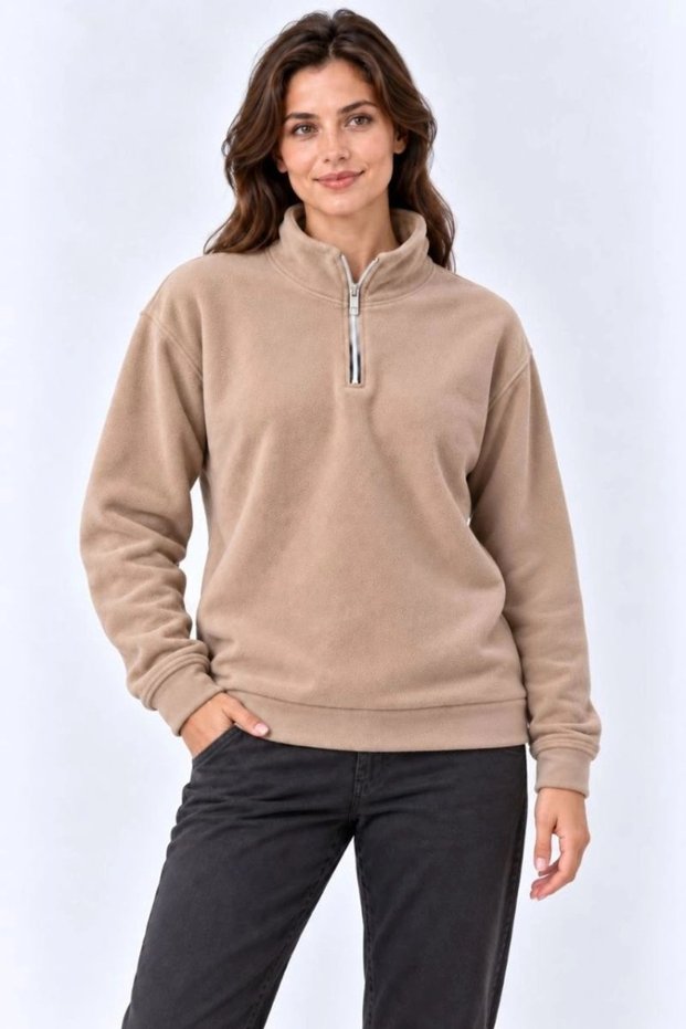 Women's Fleece Stand Collar Half Zipper Long Sleeve Regular Fit Winter Sweatshirt - Beige