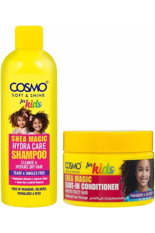 Cosmo Soft & Shine For Kids Shea Magic Hydra Care Hair Care Duo Set | 480ml Hydrating Shampoo + 325g Leave-In Conditioner | Moisture, Definition, Anti-Frizz | Free From Sulfates, Parabens & Tear