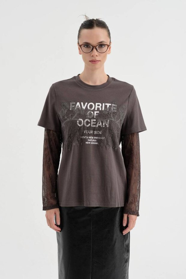 Women's Lace and Print Detailed Long Sleeve Crew Neck Design Blouse T-Shirt