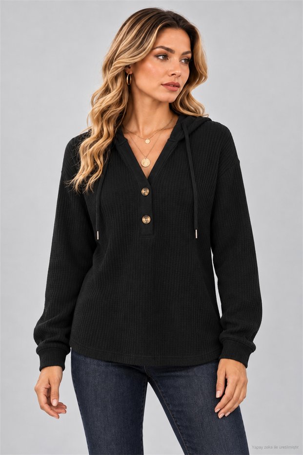 Women's Long Sleeve Hooded V-Neck Front Buttoned Lace-Up Waffle Blouse Soft Textured Casual Comfortable Stylish Blouse