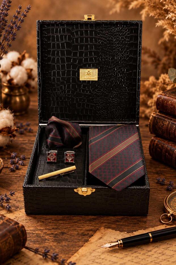Black Men's Gift Box - Tie, Handkerchief, Cufflinks, Tie Clip Set Kmk298
