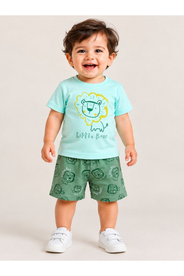 Baby Boy Olive Lion Graphic Cotton T-Shirt and Shorts Set