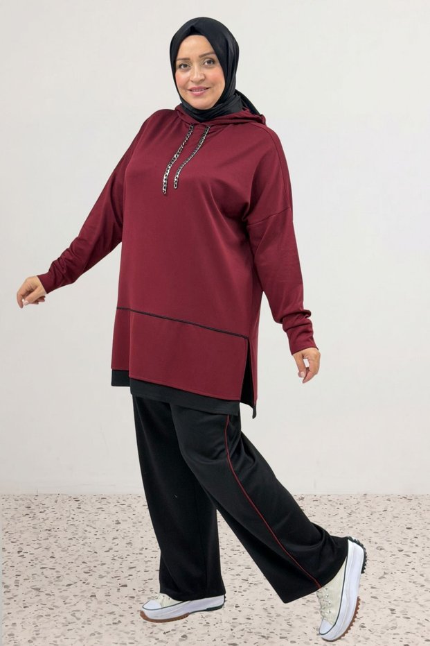 67080 Plus Size Color Combination Modal Pants Suit - Burgundy