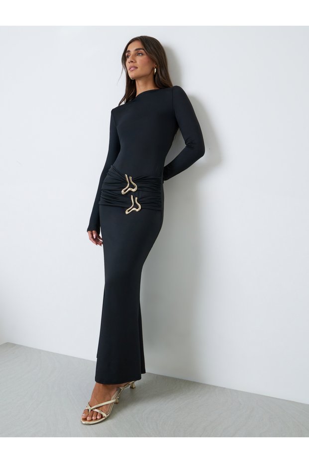 Black Bodycon Maxi Dress with Metal Buckle