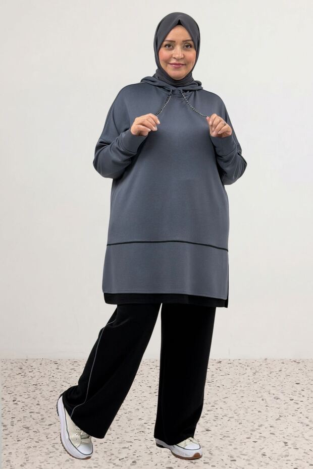 67080 Large Size Color Combination Modal Pants Suit - Anthracite