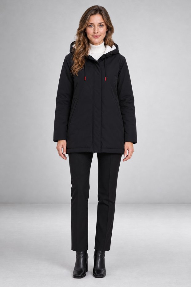 Women's Black Long Black Coat with Elastic Waist and Water and Wind Resistant Fur