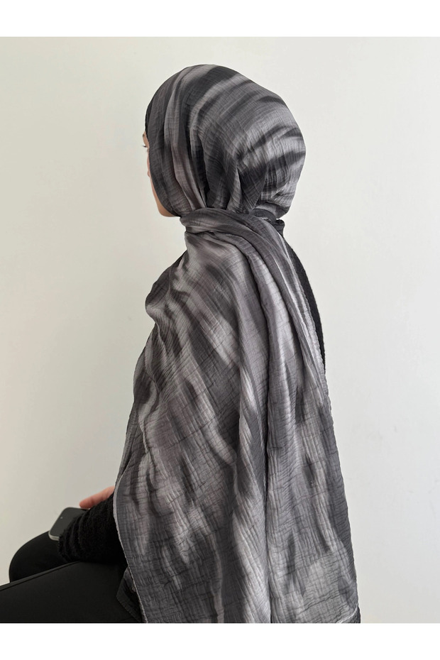 Retro Wave Pattern Muslin Shawl - Black & Smoked