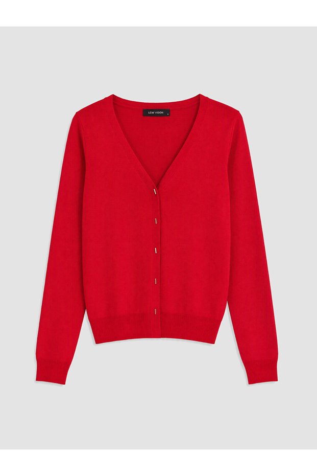 Red V-Neck Women's Cardigan
