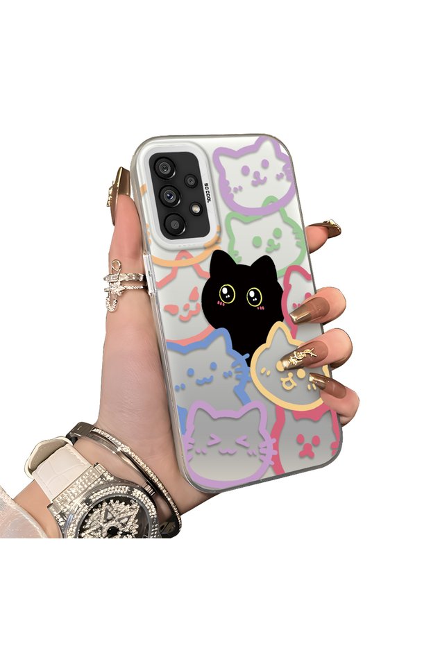 Samsung Galaxy A73 Compatible Colorful Line Cat Figure Phone Case Shock Absorbing Protective Case