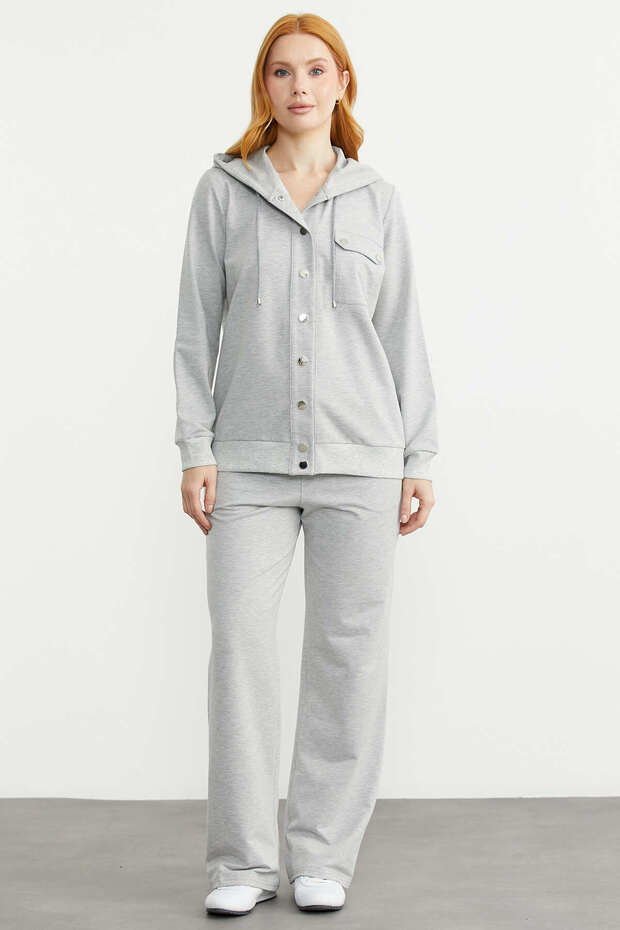 Hooded Snap Closure Tracksuit Set - Gray