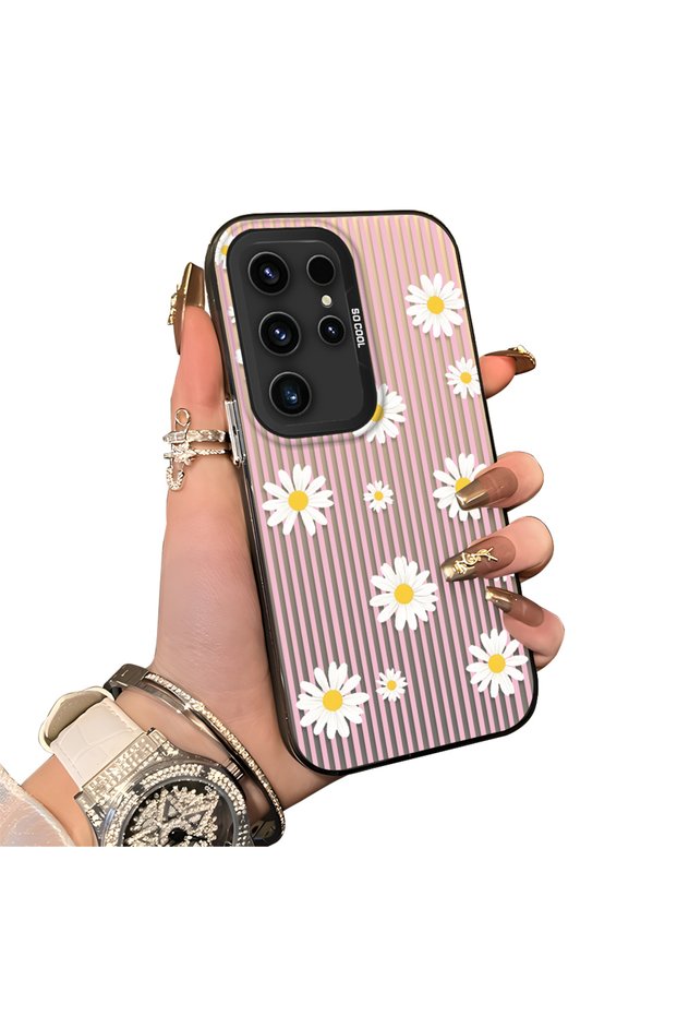 Samsung Galaxy S23 Ultra Compatible Women's Pink Striped Daisy Phone Case Impact Resistant