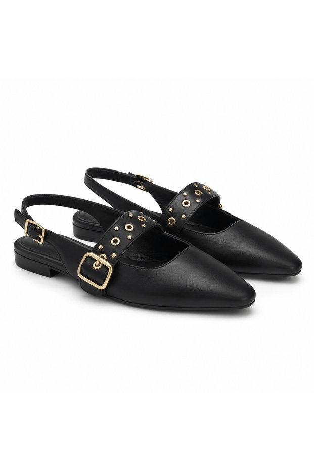 Staple Detailed Open Back Leather Ballerinas - Hl - Black