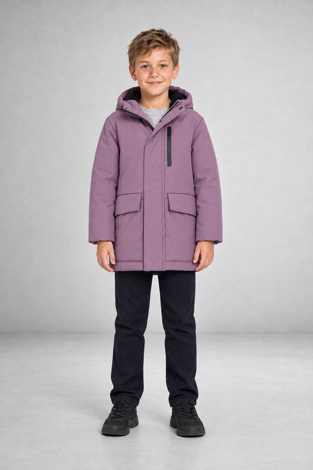 Boy's Lilac Fur Windproof Hooded Winter Coat & Parka