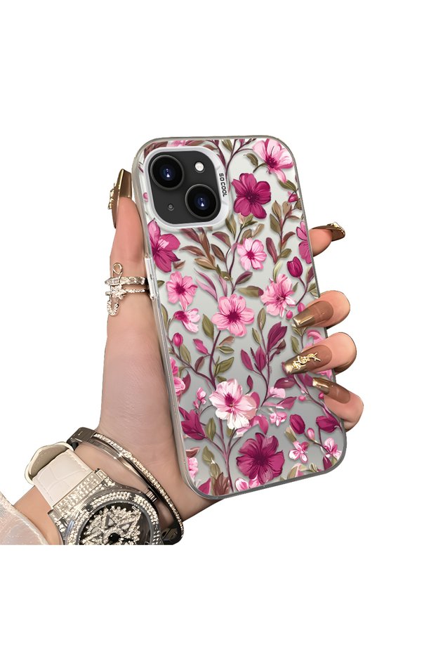 iPhone 13/14 Compatible Burgundy Pink Floral Pattern Phone Case Shockproof