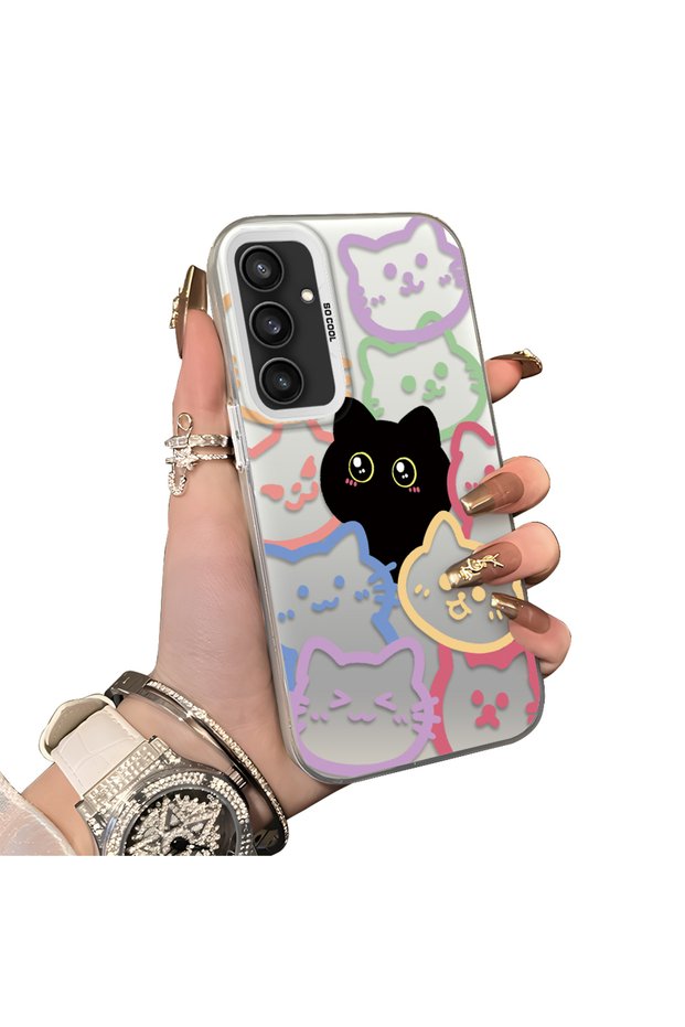 Samsung Galaxy S23 Fe Compatible Colorful Line Cat Figure Phone Case Shock Absorbing Protective Case