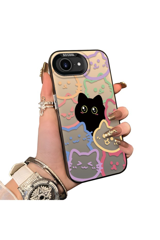 iPhone 16E Compatible Colorful Line Cat Figure Phone Case Shock Absorbing Protective Case