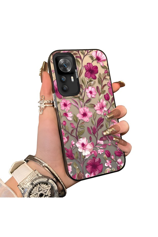 Redmi K50 Ultra Compatible Burgundy Pink Floral Pattern Phone Case Shockproof