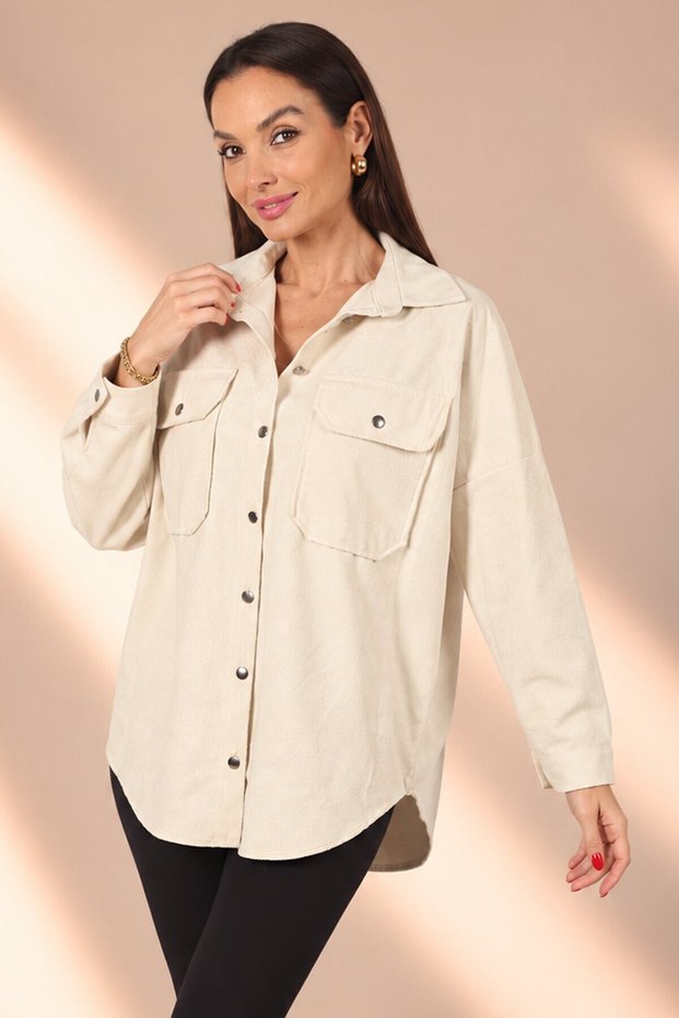 Women's Flap Collar Double Pocket Snap Fastener Suede Shirt