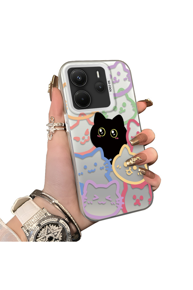 Redmi Note 14 4g Compatible Colorful Line Cat Figure Phone Case Shock Absorbing Protective Case