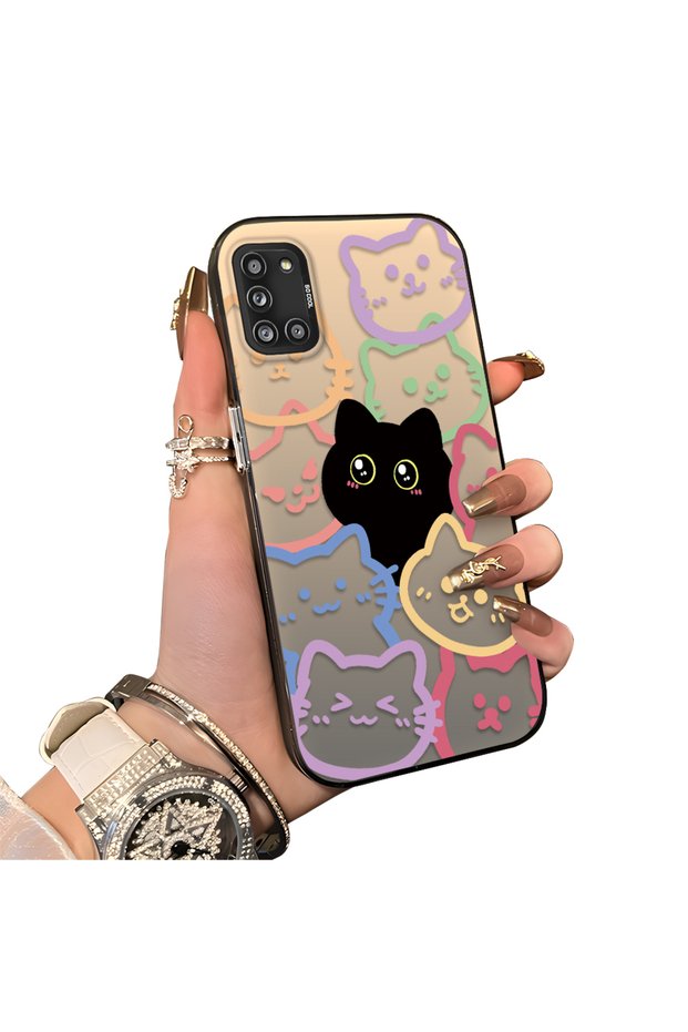 Samsung Galaxy A31 Compatible Colorful Line Cat Figure Phone Case Shock Absorbing Protective Case