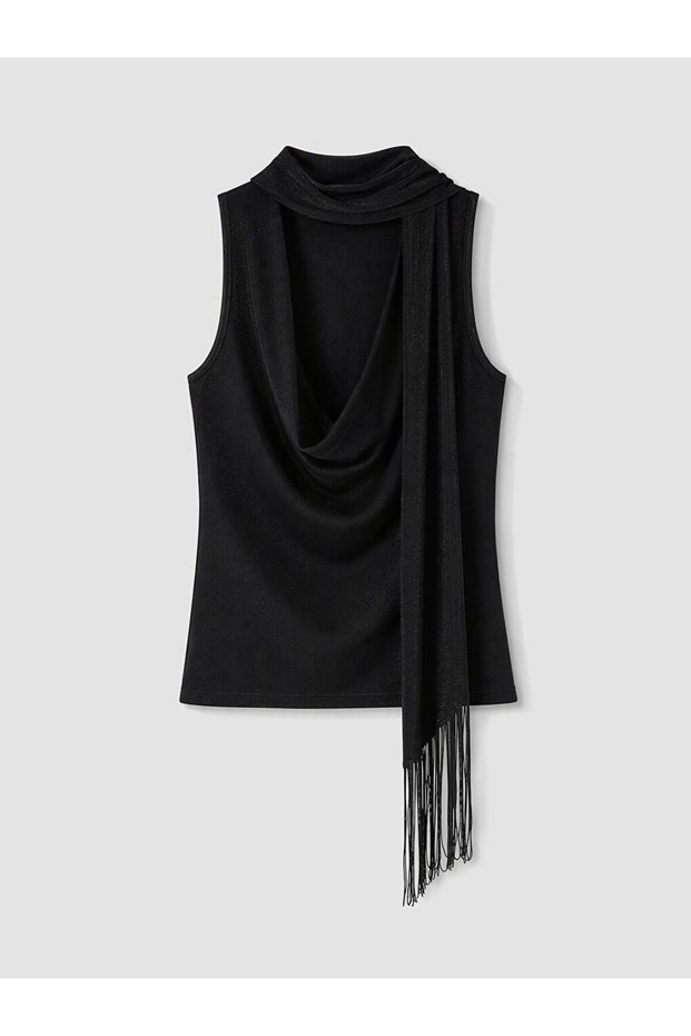 Black Scarf Collar Shiny Textured Blouse