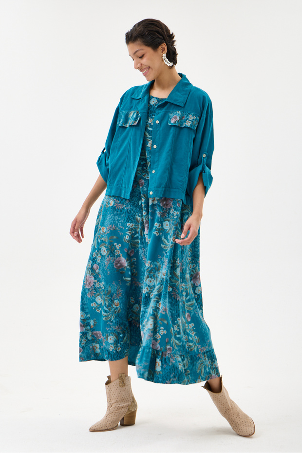 Turquoise Italian 100% Cotton Velvet Floral Patterned Jacket Double Suit Size 38 - 44