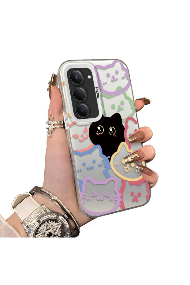 Redmi 15 5g Compatible Colorful Line Cat Figure Phone Case Shock Absorbing Protective Case