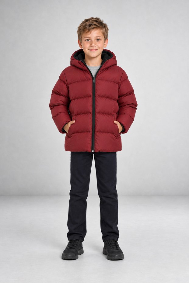 Boy's Burgundy Fleece Hooded Windproof Inflatable Winter Coat
