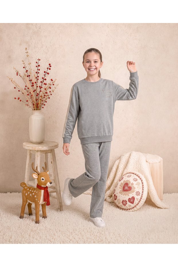 Girls & Teenagers Interlock Sleeves with Stripe Detail, Straight Leg Long Sleeve Pajama Set Gray