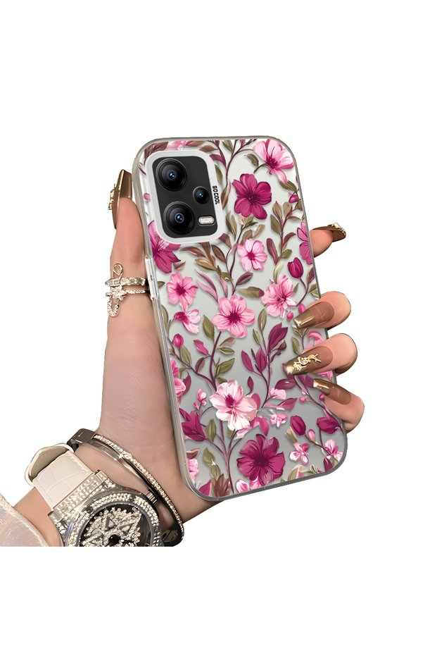 Redmi Note 12 5g Compatible Burgundy Pink Flower Pattern Phone Case Shockproof